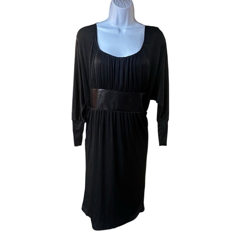 Cache Black Stretch Knit Blouson Dress Dolman Sleeve Faux Leather Waist Sz L